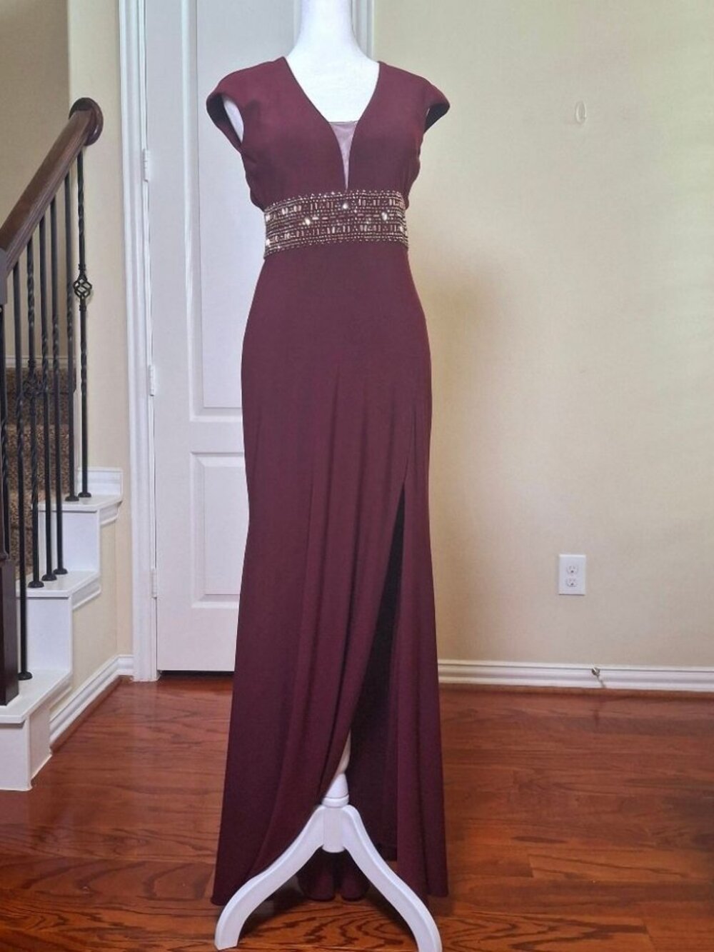Xscape Embellished Waist Open Back Slit Evening Gown Sz 6P Wedding Guest Dress